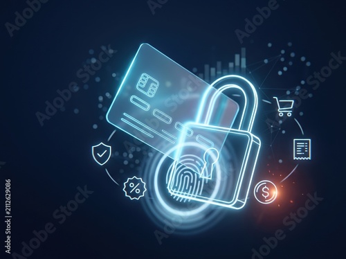 Holographic credit card and padlock with fingerprint security icons on dark background