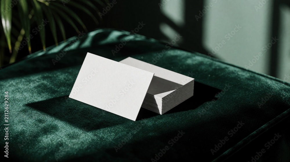 Obraz premium Stack of blank white business cards rests on plush dark green velvet fabric. A single card sits angled in front casting subtle shadow. Palm leaves cast dappled light.
