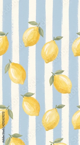 Watercolor lemon pattern with green leaves on blue striped background