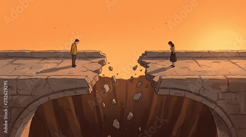 Man and woman standing on broken stone bridge over chasm