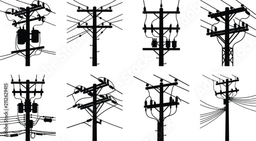 Collection of electric utility pole silhouettes with transformers and distribution lines for infrastructure and energy design
