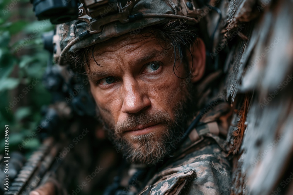 Fototapeta premium Camouflaged Man in Forest Gear