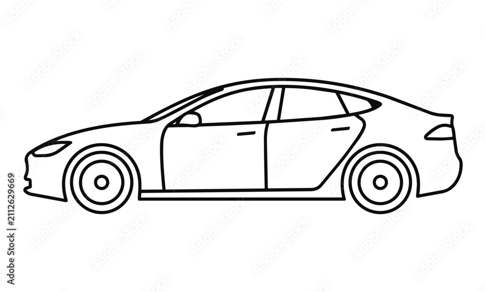 Naklejka premium A minimalist side profile icon of a sleek sedan car with an aerodynamic silhouette and smooth outlines isolated on white. Transportation design concept