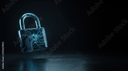 3D render floating padlock with circuit board panel on dark background