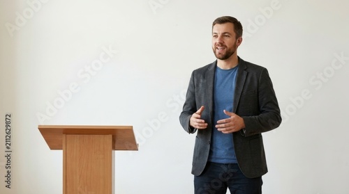 Confident Professional Man in a Gray Blazer and Blue Shirt Giving a Speech or Presentation Near a Wooden Lectern Against a Clean White Background with Copy Space
