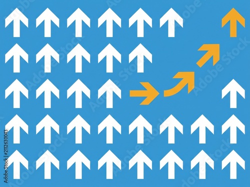 Orange arrows curving diagonally among white upward arrows on blue