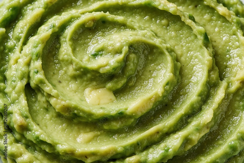 Obraz premium Fresh smashed avocado surface with swirling texture patterns. Green creamy vegetable paste closeup for food background. Healthy organic meal ingredient spread in macro view. Raw vegan dip mashed soft