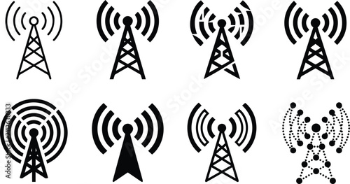 Fotografía Cell phone antenna and radio signal tower vector icons set for wireless telecomm