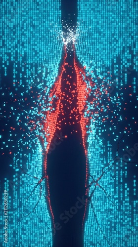 Red cracked shape bursting through cyan binary code matrix, data breach