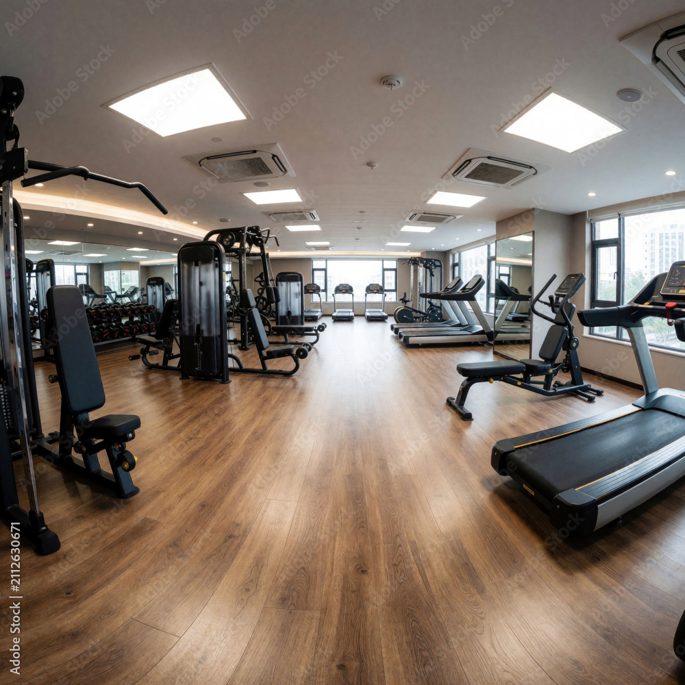 Obraz premium Modern gym with wood floors, cardio machines and weight equipment. Spacious fitness center offers treadmills, ellipticals, and weightlifting stations. Brightly lit interior with mirrors.