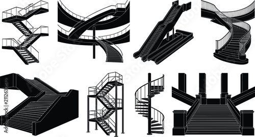 Collection of modern staircase silhouettes featuring architectural stairway designs for interior and building structure projects