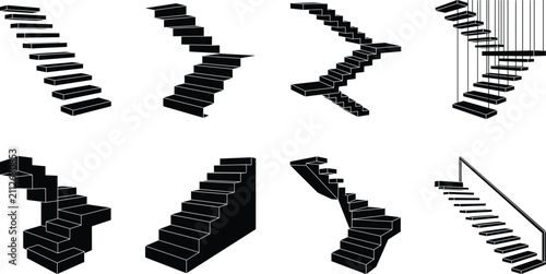 Collection of modern staircase silhouettes featuring various architectural designs and interior stairway styles for building projects