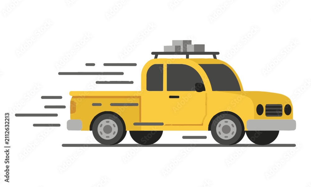 Obraz premium Cute yellow pickup truck driving fast with stylized speed lines and simple geometry on a white background, transport and logistics concept