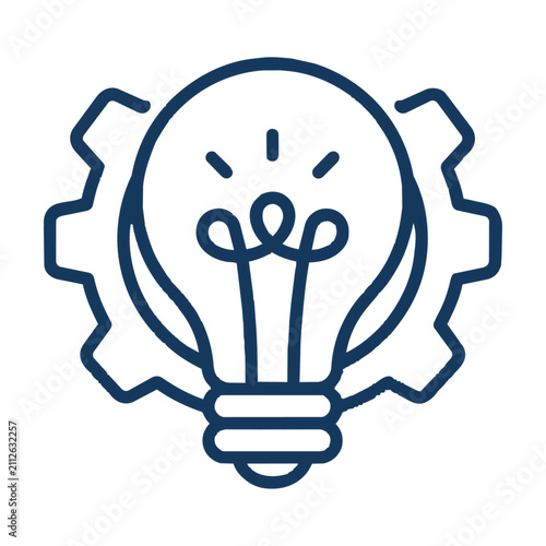 Minimalist icon design featuring a lightbulb combined with a mechanical gear on a white background, industrial innovation concept