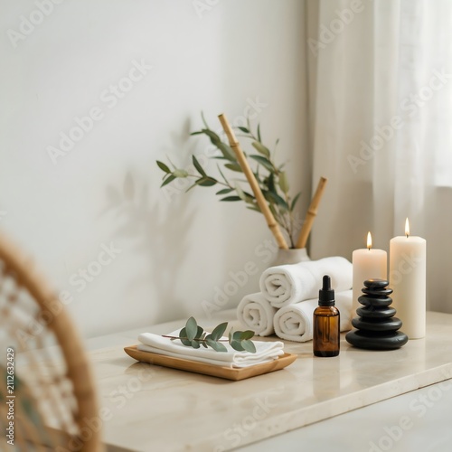 A minimalist wellness setup featuring rolled towels, black massage stones, essential oil, eucalyptus branches, and glowing candles arranged on a clean wooden surface. The serene composition promotes r