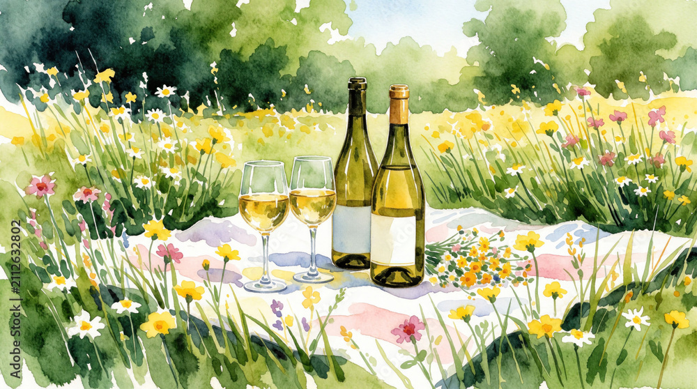 Obraz premium Watercolor painting of wine picnic in summer field. Bottles, filled glasses sit on blanket amidst blooming wildflowers. Outdoor scene shows nature with greenery, grass. Relaxing leisure activity for