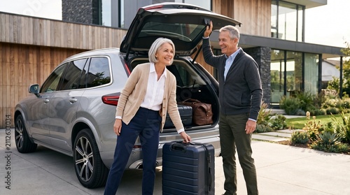 Couple Packing Car for Trip: An older couple cheerfully loads luggage into the trunk of a car parked in front of their modern home, ready for a travel adventure.