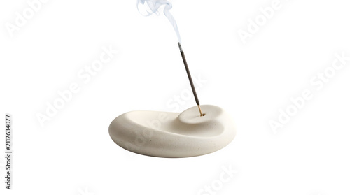 Minimalist Modern Ceramic Incense Holder with Burning Stick and Rising Smoke Isolated on Transparent Background