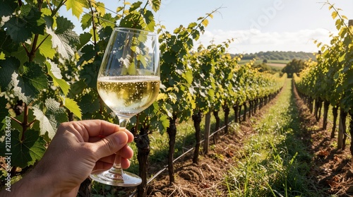 Hand holds glass of chilled sparkling white wine against sunny vineyard landscape. Rows of green grape vines stretch towards horizon on warm summer day. Person enjoys cold beverage during rural
