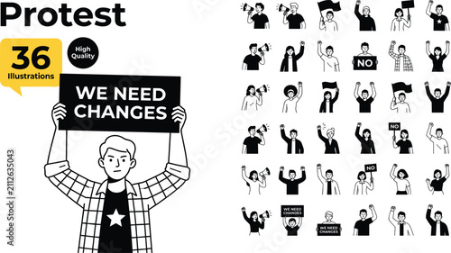 Protest and Activism Flat Vector Illustration Collection Featuring People Holding Signs, Demonstration, Social Movement, Advocacy and Public Awareness Concepts