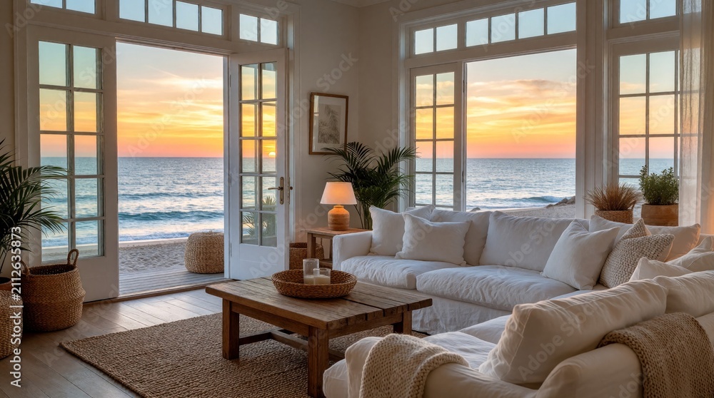 Obraz premium Modern living room inside beach house with open glass doors facing ocean at sunset. White sofa with cushions stands on rug near wood coffee table. Calm resort villa interior scenic view of tropical