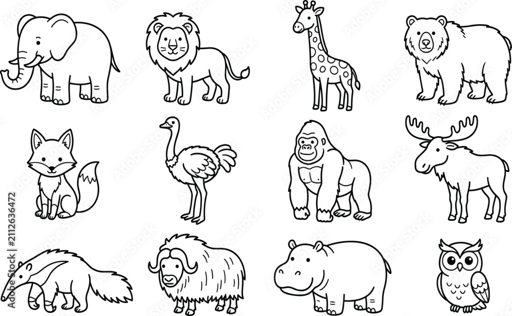 Obraz premium Cute Cartoon Wild Animal Vector Line Icon Set Featuring Elephant Lion Giraffe Bear Fox Gorilla Moose Hippo and Owl Doodle Illustrations