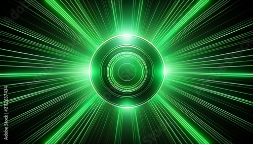 green circular light rays around a dark futuristic center