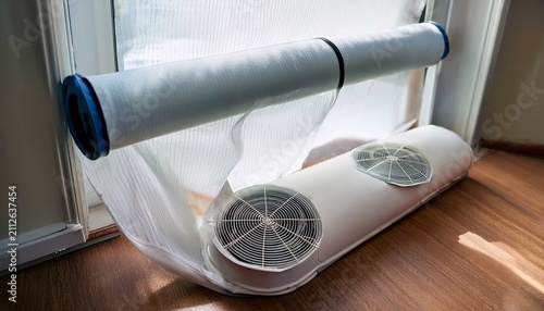 portable mobile air conditioner exhaust tube evacuated through airtight white polyester window sealing cloth installation