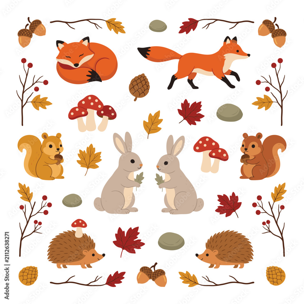 Obraz premium Cute autumn forest animals and plants including foxes squirrels rabbits hedgehogs mushrooms leaves