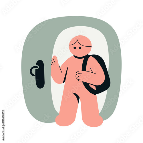 Minimalist flat vector illustration of a person with a backpack entering an open door. Modern character design of a traveler or student walking through a doorway in soft pastel colors.