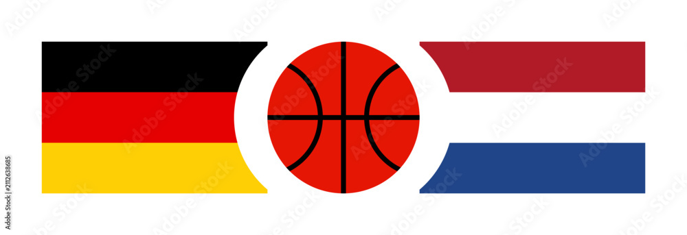 Obraz premium Germany vs Netherlands national flags basketball competition banner background