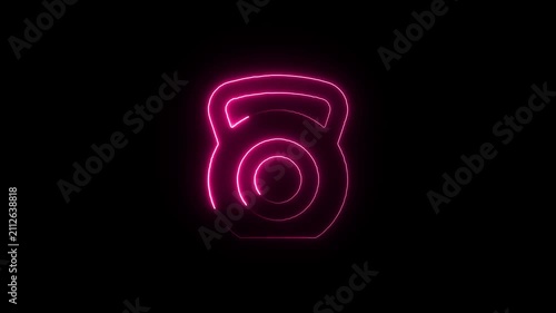 Pink neon kettlebell icon a line art of a symbol set against stark black background