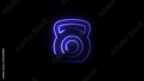 Neon glowing blue kettlebell outline icon on black background a light illustration representing a weight isolated