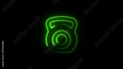 Glowing green neon outline of a kettlebell sports equipment icon a light silhouette of classic against pitch