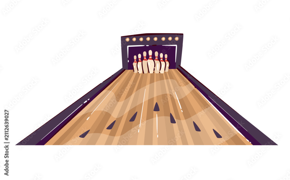 Fototapeta premium Bowling lane with polished wooden track, ten pins and lane arrows. Sports club and tournament graphics feature a bowling lane, cartoon vector illustration.