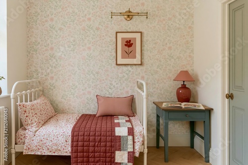 Whimsical cottagecore kids bedroom featuring a white metal bed with floral bedding, a quilt, a bedside table, and a pink lamp against a floral wallpaper backdrop