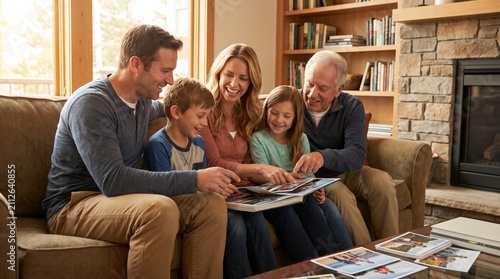 Generations Gathered: A multi-generational family shares a heartwarming moment, gathered on a sofa in a cozy living room, looking through a photo album together. The scene radiates warmth, love.
