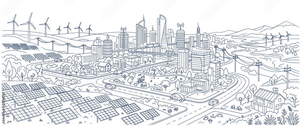 Fototapeta premium Smart city landscape outline with green energy sources.