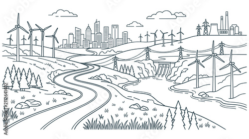Outline landscape with city and green power generation.