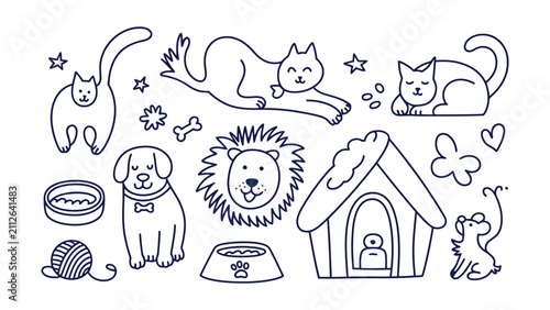 Photography Collection of pet and animal including cats, dog, lion, house, food bowl, and ya