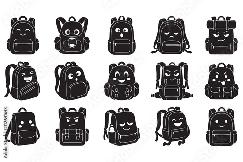 Cute cartoon character backpacks and fun school bag icons with backpack