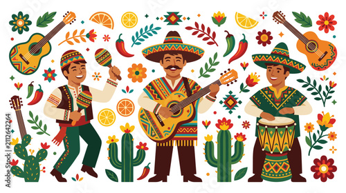 Mexican fiesta elements with mariachi musicians and instruments.