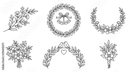 Set of wedding floral elements and garlands in black outline.