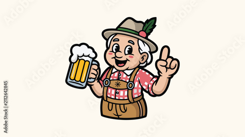 Cuadro en lienzo Elderly man wearing traditional bavarian lederhosen holding a beer mug cartoon vector