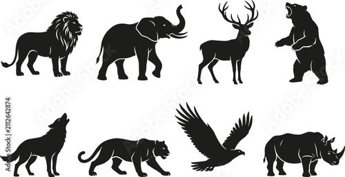 Canvastavla Collection of black animal silhouettes including lion elephant deer bear wolf pa