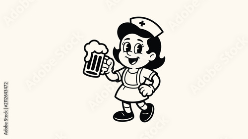 Quadro su tela Retro cartoon character of a happy nurse holding a beer mug, black and white vector illustration
