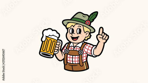 Quadro su tela Young boy in traditional german lederhosen outfit holding beer mug cartoon vector