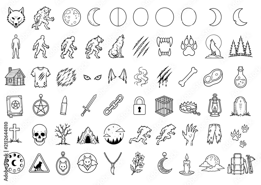 Naklejka premium Fantasy Adventure and RPG Line Icon Set with Mythical Creatures, Magic and Quest Symbols
