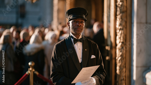 A theater usher in formal uniform standing in harsh outdoor midday sun managing a holiday matinee crowd surging through ornate venue entrance, velvet rope, printed programs in