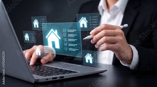 Foto Real estate property management concept, professional using digital stylus to na